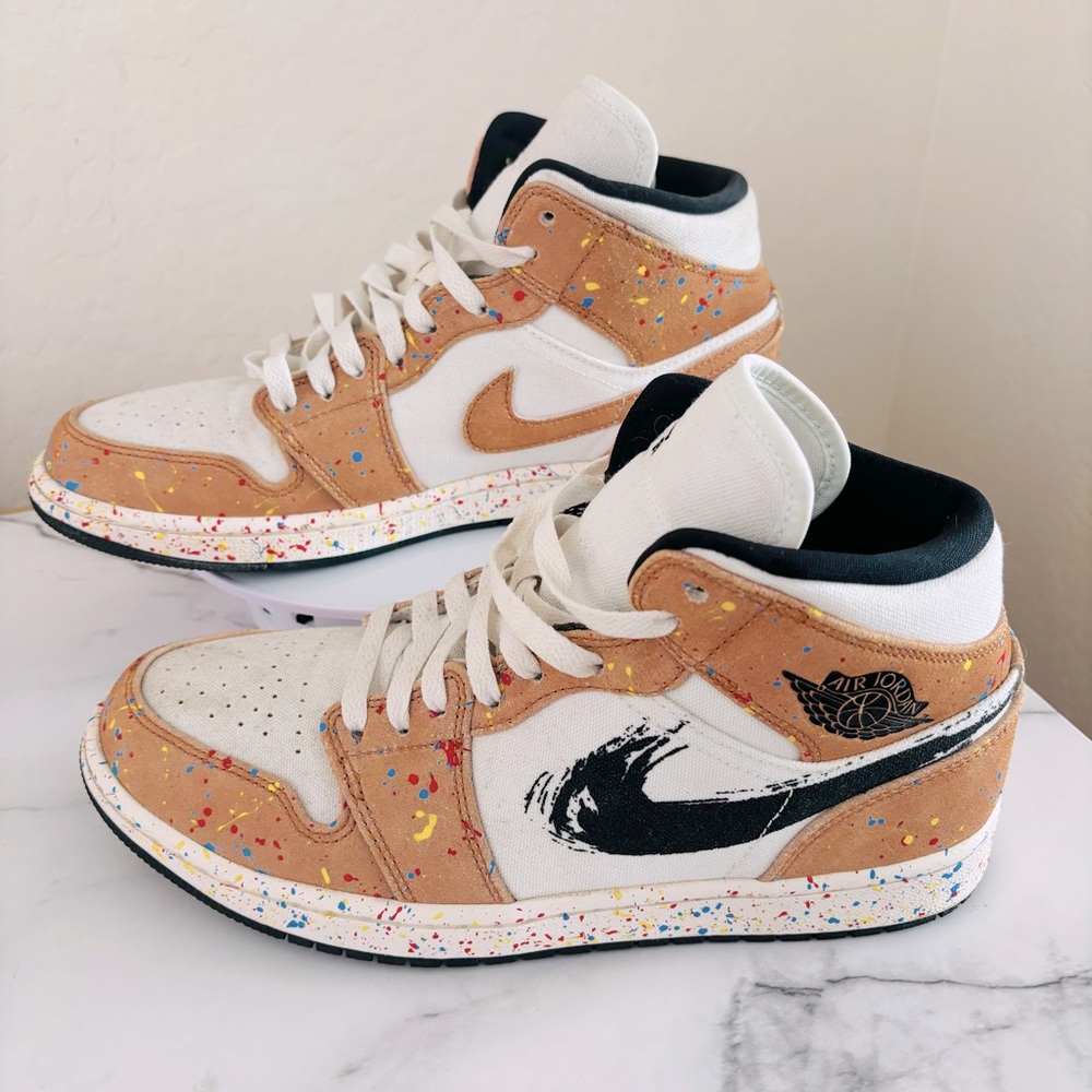 Nike Men’s 9 Air Jordan 1 Mid SE Brushstroke‎ Paint Splatter Sneakers DA8005-100